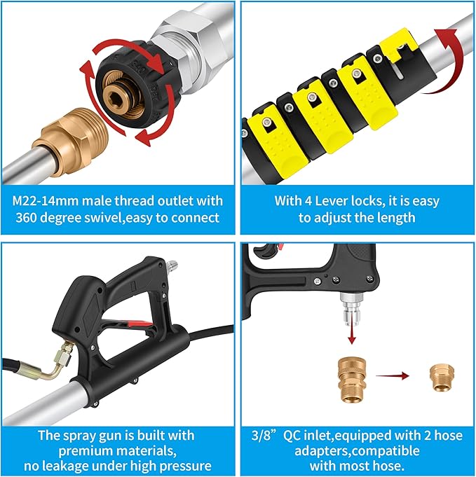 24FT Telescoping Pressure Washer Extension Wand, Power Washer Extension Wand, Solar Panel Cleaner Pole with Turbo Nozzle, Brush Head, 7 Nozzle Tips, 3 Adapters & Harness