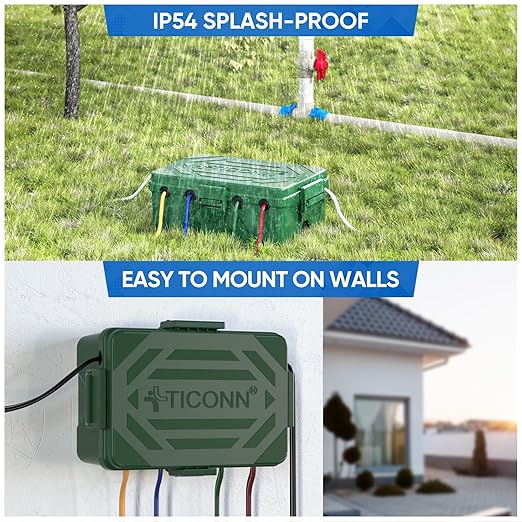TICONN Outdoor Electrical Box, IP54 Splash-Proof Outdoor Extension Cord Cover, Protects Power Strip, Plug, Socket, Timer, Holiday Lights (Green, Large)