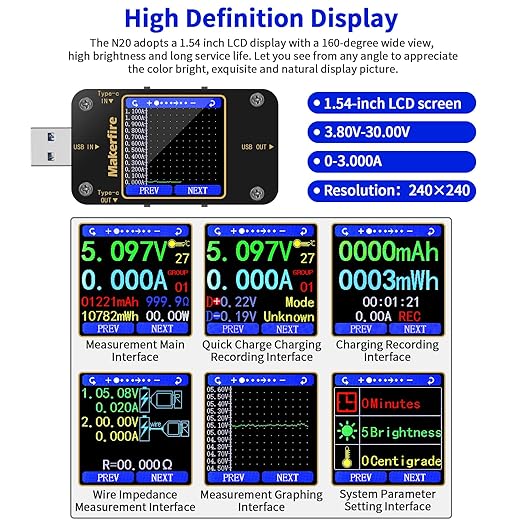 MakerHawk USB Multimeter USB Voltmeter Ammeter Load Tester USB Voltage Current PD Battery Power Capacity Charger Type C Meter Tester LCD Display Cable Resistance QC2.0/3.0/4.0 N20 1.54 Inch Screen