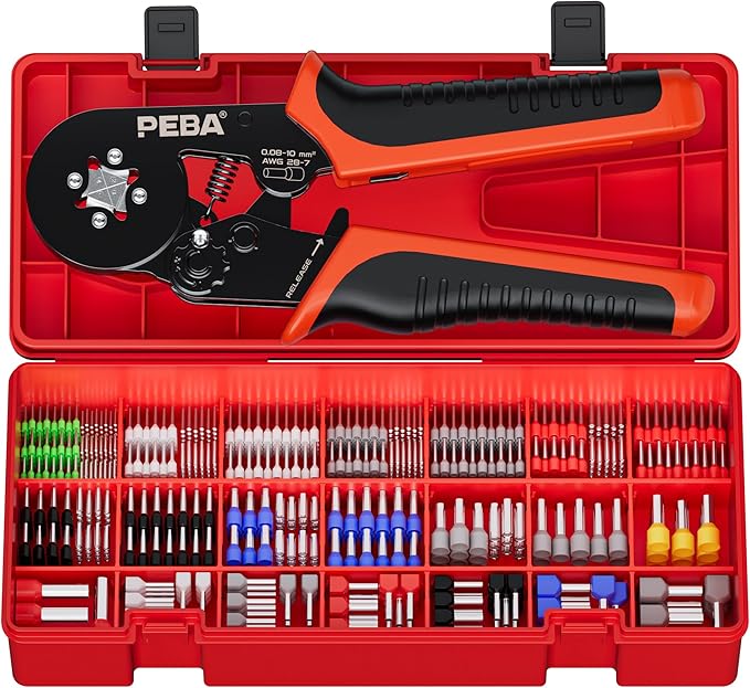 PEBA Square Ferrule Crimping Tool Kit, AWG 28-7 Self-Adjusting Ratchet Crimper, 28 Sizes Insulated & Non-Insulated Copper Terminals (8/9/10/12mm), Quadrilateral Crimp Pliers for Electrical Projects