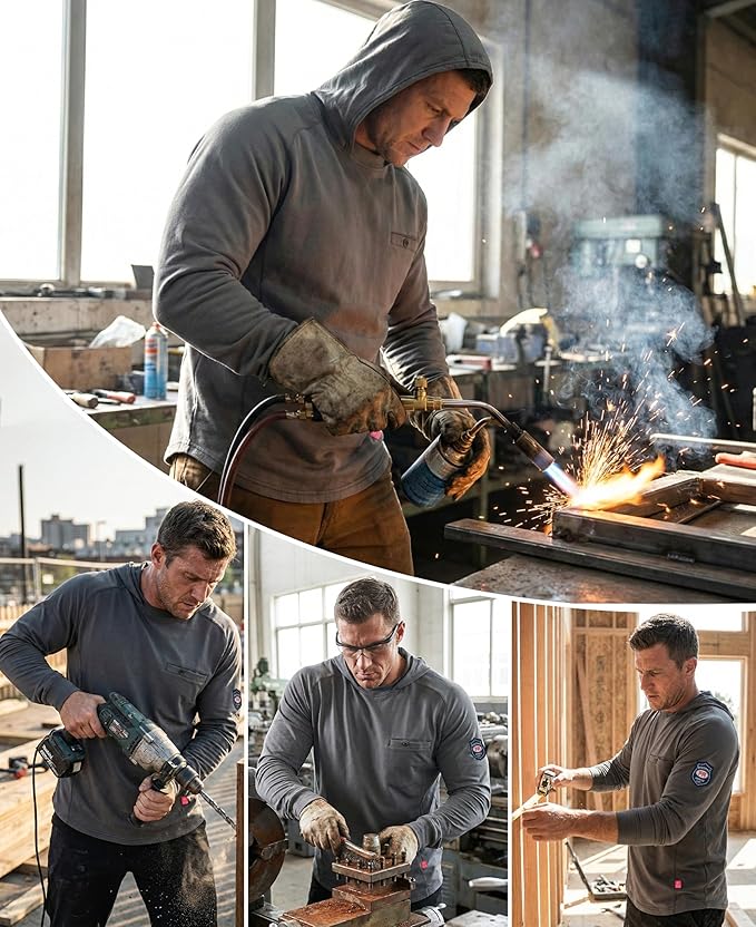 BOCOMAL FR Hooded T Shirts Chest Pocket Fire Resistant Summer Hoodie NFPA2112 CAT2 Flame Retardant FRC Welding Work Shirt