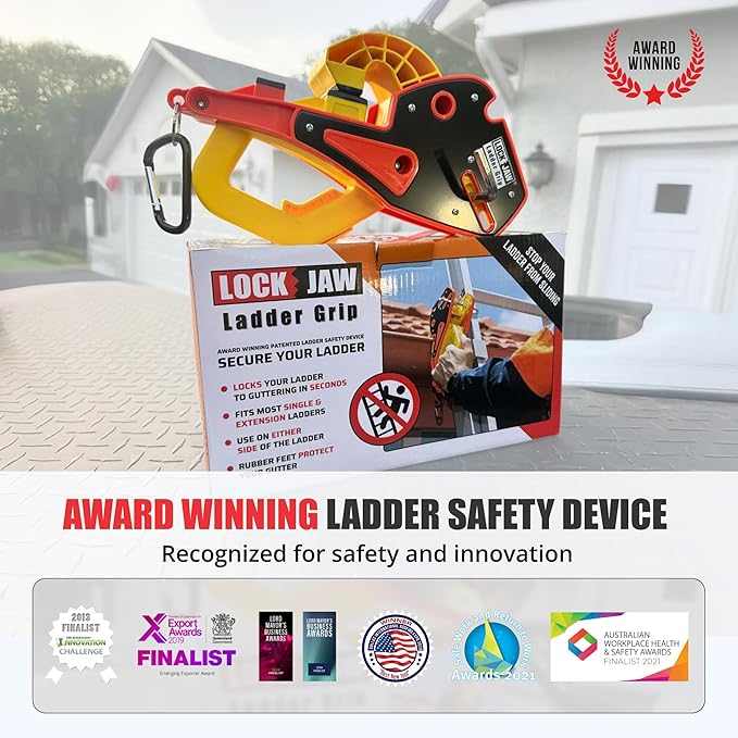 Lock Jaw Roof Ladder Stabilizer Hook for Gutter - Standoff in 5 Seconds with Slide-Lock Security - Prevent Aluminum Ladders Top Movement & Falls - Award-Winning Extension Ladder Accessories for Roof