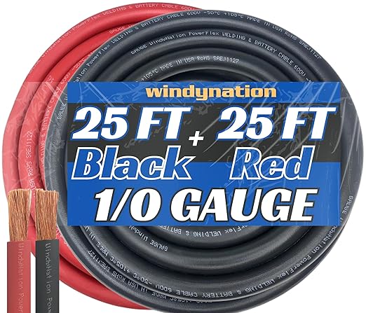 WNI 1/0 Gauge 25 Feet Black 25 Feet Red 1/0 AWG Ultra Flexible Welding Battery Copper Cable Wire - Made in The USA - Car, Inverter, RV, Solar