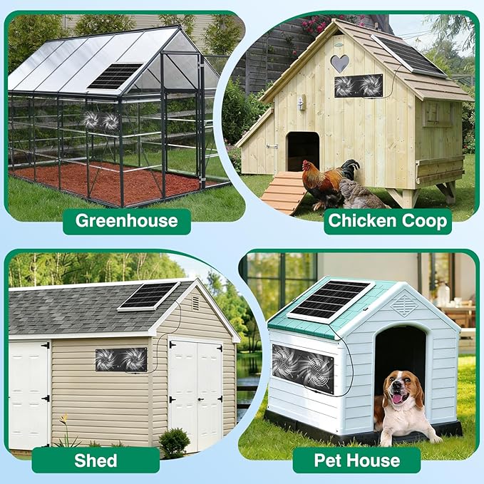 40W Solar Powered Exhaust Fan with 18000mAh Battery & Timer, 3500RPM High-Speed Waterproof Ventilation Fan for Chicken Coop, Greenhouse, Shed, Pet House & Window