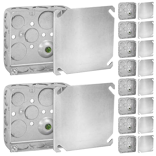 OHLECTRIC 4x4 Electrical Junction Boxes with Blank Covers (10-Pack) 1-1/2 Inch Deep, 21 Cu. in. 4 Inch, Heavy-Duty Metal Outlet Boxes, Bulk Pack Steel Box Duplex Receptacle & Black Cover, UL Listed