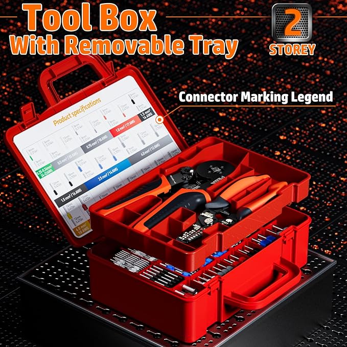 PEBA Ferrule Crimping Tool Kit - 33 Sizes Wire Ferrules Kit and Square Crimping Pliers AWG28-7 & Wire Stripper for Electrical Wiring/DIY Terminals | Self-Adjusting Ratchet Crimper - Copper Ferrule Kit
