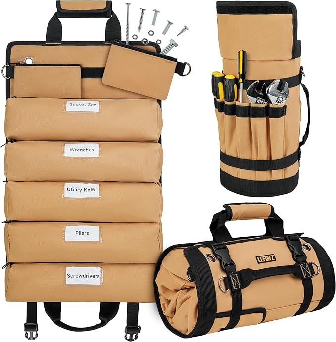 Tool Bag,Large Roll Up Tool Bag Organizer,13 Pockets Tool Roll Storage Pouch,Heavy Duty Portable Tool Storage Carrier Bag for Men,Mechanic,Electrician,Valentines Day Gifts for Men,Brown