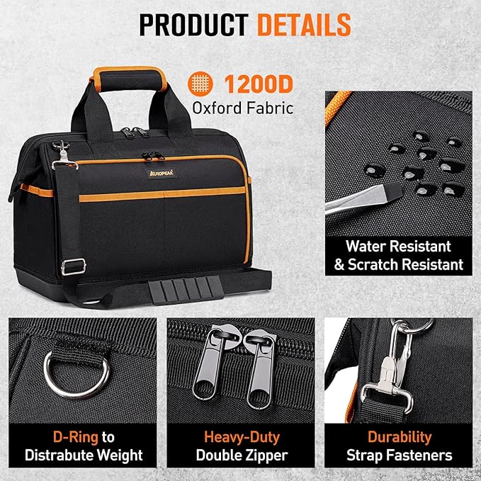 Electrician Tool Bag 17-Inch, 26-Pocket Large Tool Bags for Men Women with Waterproof Hard Bottom & Adjustable Shoulder Strap, Tool Bag Organizer for HVAC Craftsman Contractor Carpenter Electrician