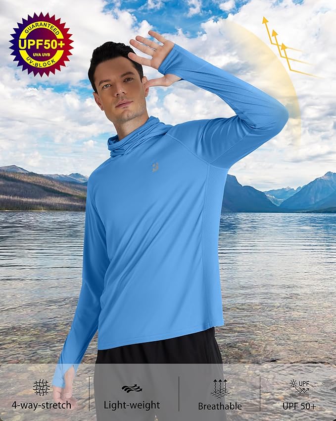 Roadbox Men's UPF 50+ Hooded Fishing Shirts Long Sleeve Sun Protection Hoodie, Hiking Running Swimming Rash Guard with Mask