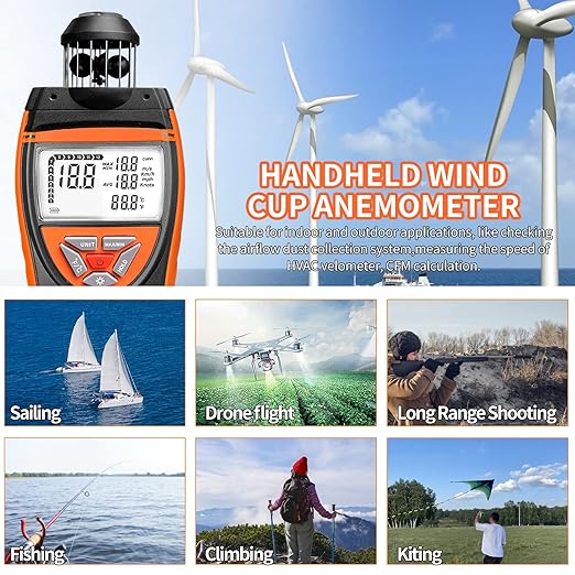 Handheld Wind Cup Anemometer,INFURIDER YF-8806 Digital Wind Speed Gauge Meter Shows Wind Temperature,Max/Min/Avg Air Volume,Wind Velocity/Direction w/Compass for HVAC Weather Monitoring