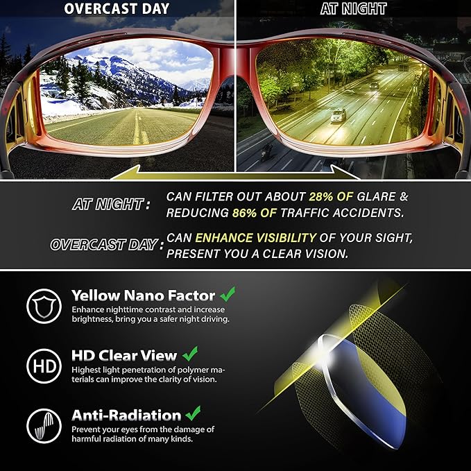 URUMQI Night Vision Driving Glasses Fit Over Eyeglasses for Men Women, Anti Glare Polarized Nighttime Glasses Yellow Lens
