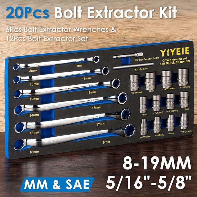 20Pcs Combo Bolt Extractor Kit, 6-Point Offset Extractor Wrench Set, 6Pcs Metric 8-19mm, 14Pcs Eazy Out Bolt Extractor Set, Impact Socket Remover for Stripped, Broken, Rounded Bolts & Nuts