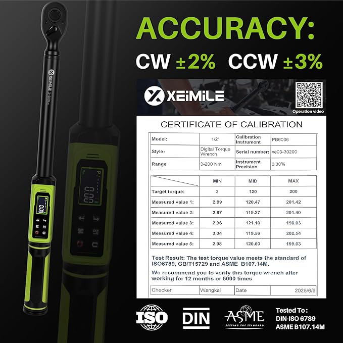 Digital Torque Wrench 1/2" Drive-2.2-147.5Ft.Lb/3-200N.m,Electric Torque Wrench With Vibration Buzzer LED Indicator,±2% Accuracy Five Units for Bike Motorcycle Car Auto Repair,DIY,Green Black