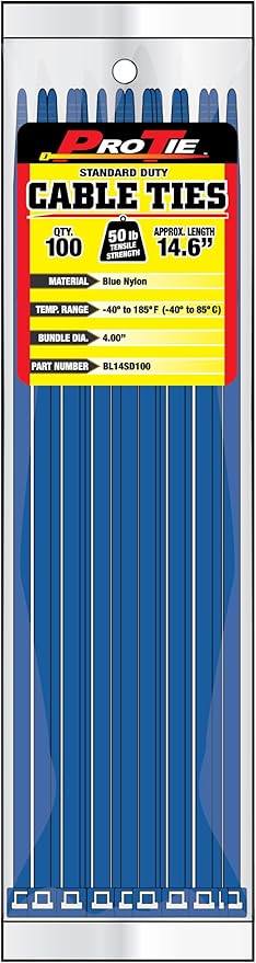 Pro Tie Standard Duty, Self-Locking UV Nylon Cable Wire Ties for Indoor and Outdoor Use |14.6-Inch, 50 lbs. Tensile Strength, Blue Nylon, 100-Pack (PN: BL14SD100)