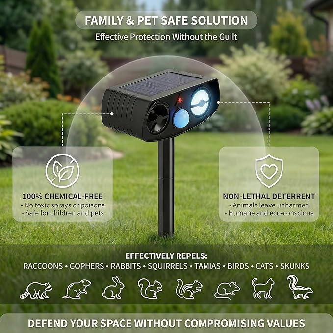 Solar Ultrasonic Animal Repeller Outdoor, Motion Sensor Waterproof Pest Deterrent, Raccoon Skunk Fox Squirrel Rabbit Dog Cat Deer Repellent for Yard Garden Farm, 33ft 120° Coverage, 2 Pack Black