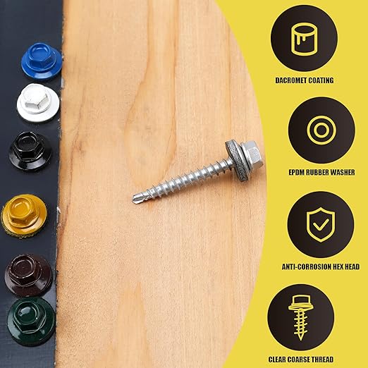 250pcs #10 x 1-1/2" Galvanized Hex Head Self-Drilling Metal Roofing Screws, EPDM Washer, No Paint, Sheet Metal Roof Screw with Hex Driver Bit