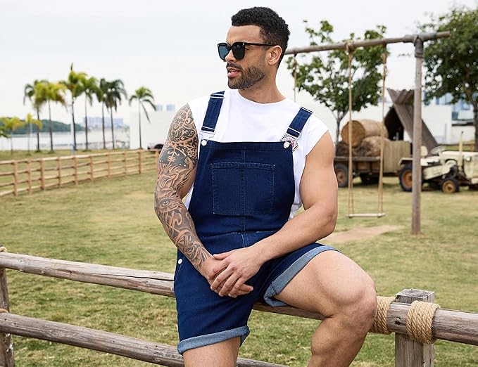 Bindefon Denim Overalls for Men Jean Shorts Jumpsuit Work Bibs Coveralls with Zipper