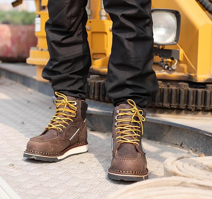 MWORK 6" Moc Toe Work Boots For Men Wedge Sole Leather Waterproof ASTM F2413-18 Safety Metallic Toe EH Rated Arch Support Anti Fatigue