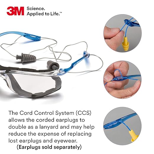 3M Safety Glasses, Virtua CCS, ANSI Z87, Anti-Fog, Clear Lens, Blue Frame, Corded Ear Plug Control System, Removable Foam Gasket, Pack of 1