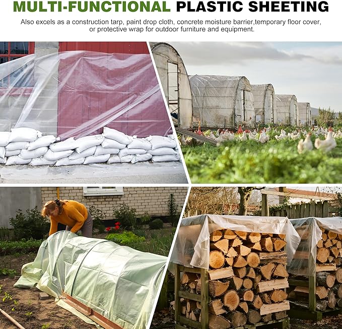 Plastic Sheeting 6 Mil, 8x25 FT, Heavy Duty, Greenhouse Plastic Polyethylene Film, UV Resistant, Tear-Proof, for Garden, Agriculture, Painting, Floor Protection
