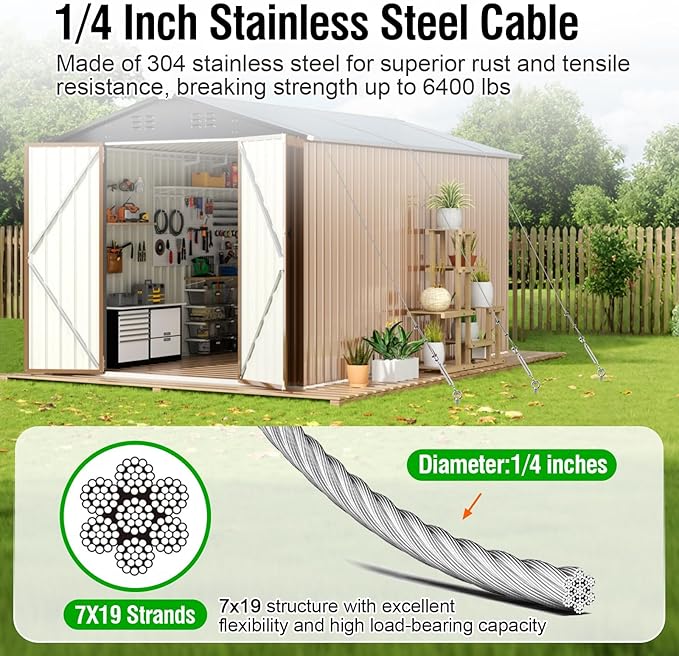 4 Pcs 30" Ground Anchors Heavy Duty with 50ft 1/4" Stainless Steel Cable & 2Pcs Turnbuckle, Fully Welded Ground Anchors Screw in Auger Earth Anchors for Sheds, Mobile Home, Tent, Swing Set