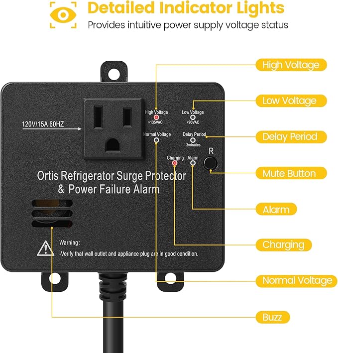 Ortis Refrigerator Surge Protector & Power Failure Alarm, Protects Against Voltage Abnormalities, with LED Indicator Light & 110dB Alarm, Ideal for Refrigerators, Freezers, and Sewage, Black