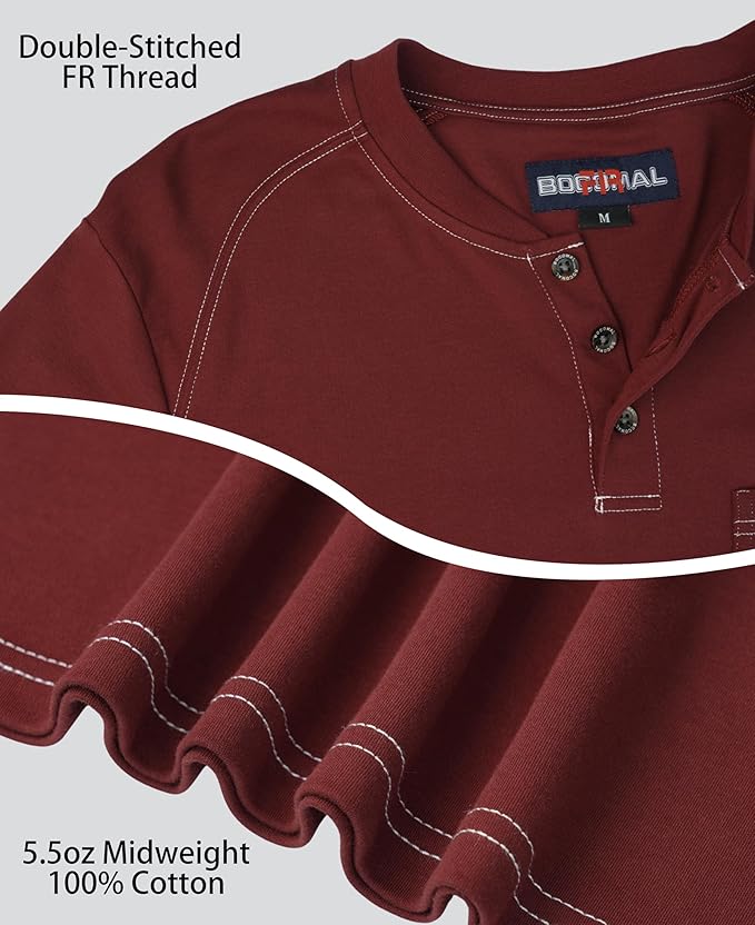 BOCOMAL Men's FR Henley Shirt Flame Resistant 5.5oz Cotton Long Sleeve Workwear UL NFPA2112 CAT2 Welding Tee