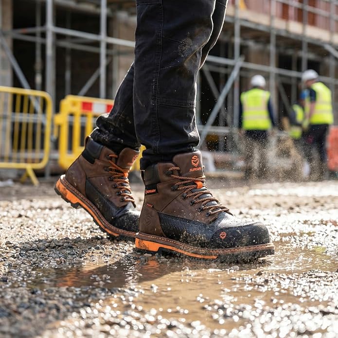 SUREWAY Men's 6" Waterproof Soft/Composite Toe Work Boots - Crazy Horse Leather Safety Shoes,GoodyearWelt Slip Resistant EH Rated Heavy Duty Construction Boots for Industrial, Roofing, Landscaping