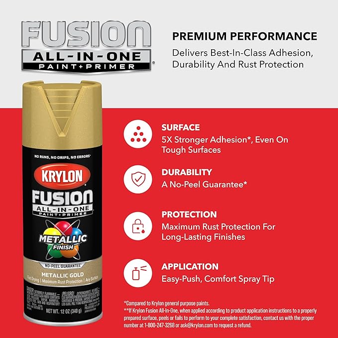Krylon Fusion All-In-One Adhesive Spray Paint for Indoor/Outdoor Use, 12 oz, Gold