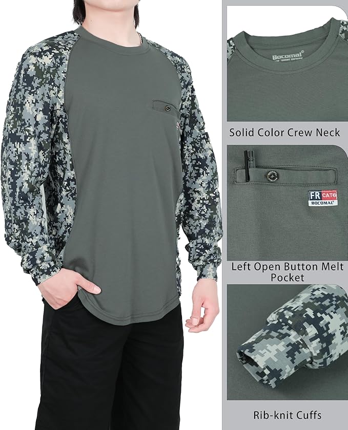 BOCOMAL FR Shirts Crewneck 5.5oz Lightweight Cotton Paisley Camo Two-Tone Flame Resistant Long Sleeve CAT2 Work Shirt