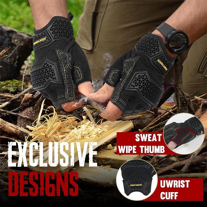HANDLANDY Fingerless Work Gloves for Men, Padded Impact Tactical Mechanics Gloves, Grip Utility Trucker Driver Gloves (Black- impact, X-Large (Pack of 1))