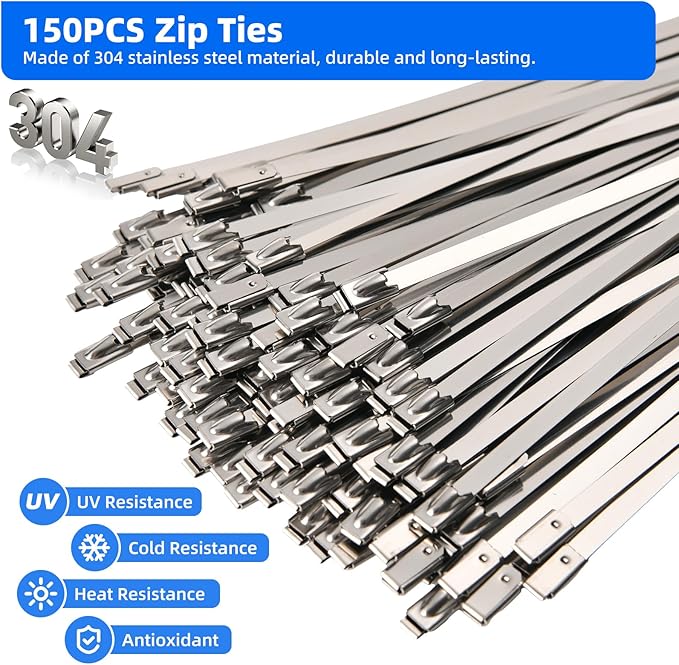 Heavy Duty Stainless Steel Cable Tie Gun Kit – 150 PCS 11.8" 304 Metal Zip Ties with Professional Tensioning & Flush Cutting Tool for Fence, Exhaust & Outdoor Use