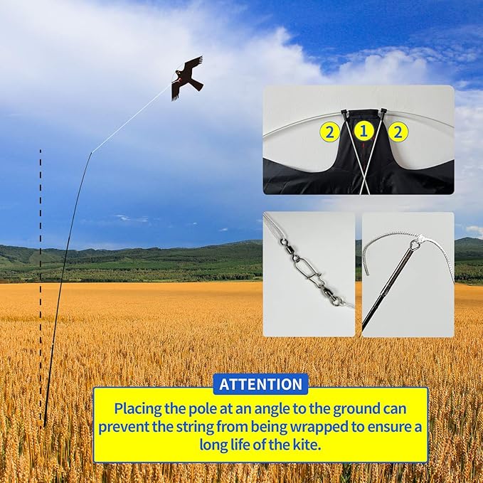 eyijklzo Bird Scarer Flying Kite Crops Farm Flying Bird Hawk Flying Kite with 4m Telescopic Pole, Black