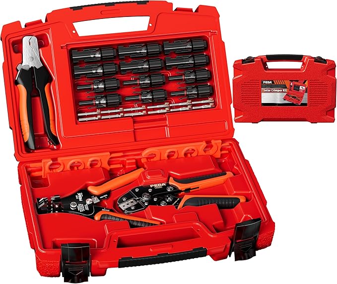 PEBA Solar Crimping Tool - Solar Crimper for AWG16/14/12/10 Solar PV Wire, with 12 Pcs Connectors, Wire Stripper, Cable Cutter, Connector Spanner Wrench, Complete Solar Assembly Tool Box