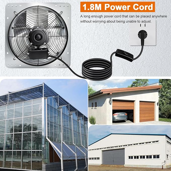 Hiorucet Upgraded 14'' Shutter Exhaust Fan, 1558CFM Low Noise Garage Exhaust Fan, Greenhouse Exhaust Wall Mounted with 1.8M Power Cord for Shop, Attics, Chicken Coop, Shed, Basement Louvered Fan.