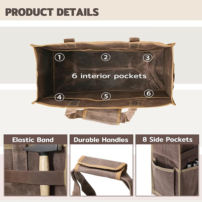 Canvas Large Tool Bag - A Large Main Pocket and 14 Insert Pockets Garden Tool Tote Bag - Durable 16oz Waxed Canvas Tool Case with Handle - Tool not Included
