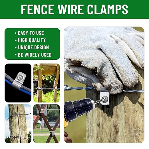 Fence Wire Clamps Agricultural Fencing Mounting Clips, Stainless Steel Wire Clips with Screws Vinyl Fence Clips for Christmas Tree Wire Clamps Welded Wire to Wood, Metal or Vinyl Fence(50)