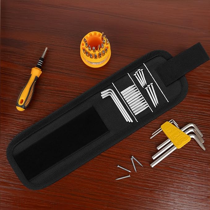 Magnetic Wristband for Screws, 3-Row Strong Magnets for Holding Screws, Nails, Drill Bits, Tool Belts for Men, Craftsmen, Construction, Great Gift for Dad, Men (Black)