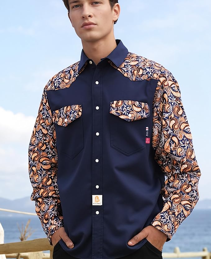 BOCOMAL FR Shirts Pearl Snaps Two Tone Plaid/Solid Flame Resistant Cotton Welding Shirt NFPA 2112 CAT 2