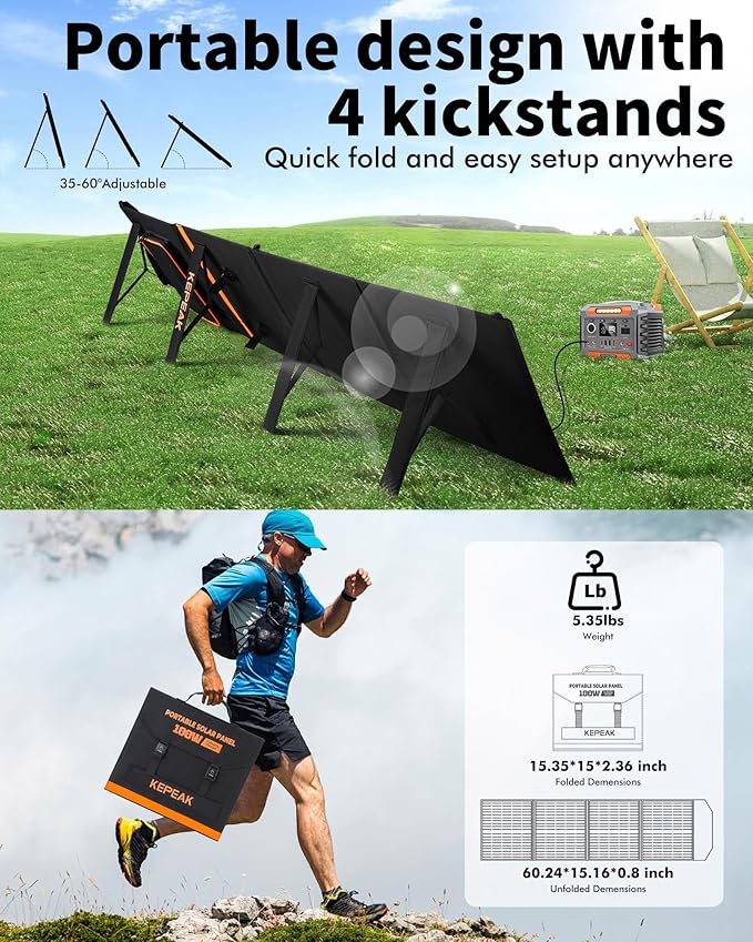 KEPEAK 100W Portable Solar Panel, Foldable Solar Panel with QC3.0 & PD, Waterproof High-Efficiency Solar Charger for RVs, Camping, Emergency Backup