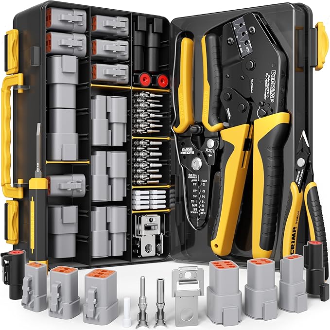 DTP Connector Crimping Tool Kit, 1/2/4/6 Pin 25A Waterproof Automotive Electrical Connectors, Size 12 Stamped Contacts (14-10 AWG), Ratcheting Crimper & Removal Tool, Compatible Deutsch DTP