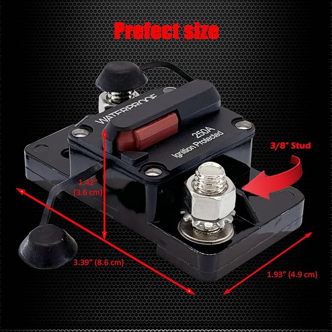 250A Circuit Breaker, Ampper Surface Mount DC 12V-48V Waterproof Thermal Circuit Breaker Fuse with Manual Reset for Boat Trolling Motor Auto Audio Solar and More