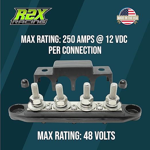 4 Post Power Distribution Block Bus Bar Pair with Cover - Made in The USA - 250 Amp Rating – Marine Bus Bar, Automotive, and Solar Wiring – Battery Terminal Distribution Block - (3/8” Black)
