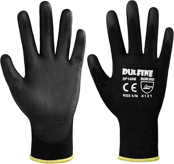 Ultra-Thin PU Coated Work Gloves-12 Pairs,Excellent Grip,Nylon Shell Black Polyurethane Coated Safety Work Gloves, Knit Wrist Cuff,Ideal for Light Duty Work. (Small)