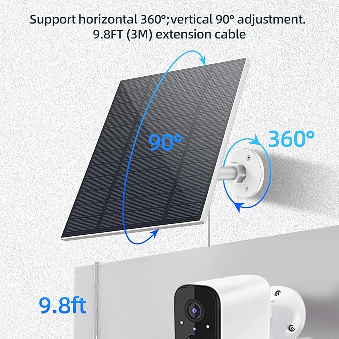 5W Solar Panel for Security Camera, Solar Panel with Micro USB & USB-C Port for DC 5V Outdoor Rechargeable Battery Camera, IP65 Waterproof, 360° Adjustable Security Mount, 9.8ft Cable(White 2PC)