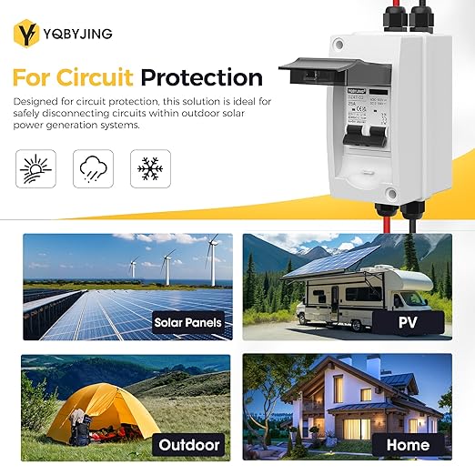 Solar Panel Disconnect Switch 25 Amp 4 Holes DC AC Miniature Circuit Breaker 500V 2 Poles with PV Connector and IP65 Waterproof UV-Proof Box for Outdoor Solar PV Homes Battery