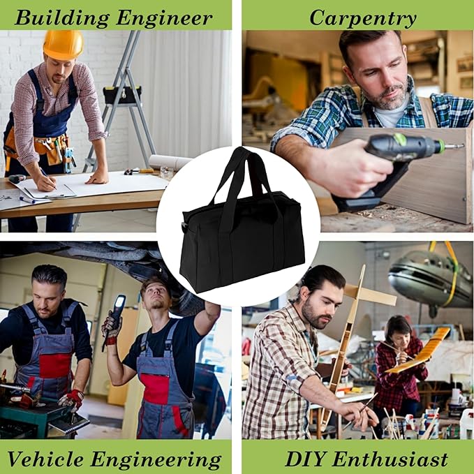 Canvas Wide Mouth Tool Bag, Large Capacity Tool Bags for Men, Portable Home Tool Organizer for Storage Handbag for Screwdrivers, Wrench, Plier, Nails, Pliers Repair Hand Tools (Black, 16 Inch)