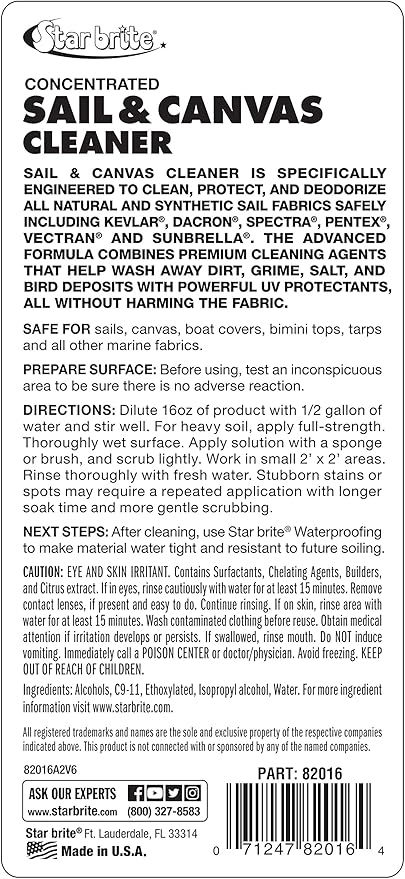 Star Brite Concentrated Sail & Canvas Cleaner - Specially Formulated for All Natural & Synthetic Fabrics - Deep Cleans, Protects, Deodorizes - 16 Oz Concentrate Makes 64 OZ of Cleaner (082016)