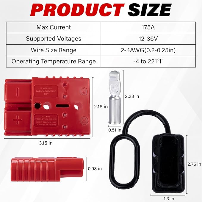 Anderson Connector 2 Pcs, 175 Amp 12v Batteries Quick Connect/Disconnect Plug Kit, Connectors for 1/0 AWG Cables, for Car Bike ATV Winches Lifts Motors More, Red