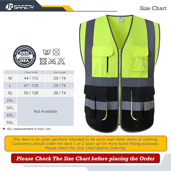 JKSafety 7 Pockets High Visibility Zipper Front Safety Vest With Reflective Strips.Meets ANSI/ISEA Standards (130-Yellow-Black XL)